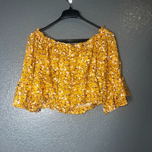Floral Off Shoulder Crop Top Yellow Women’s XL Boho Blouse - Picture 1 of 4